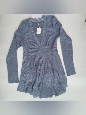 Free People All Yours Dress Size L Slate Blue Long Sleeve Mini NWT